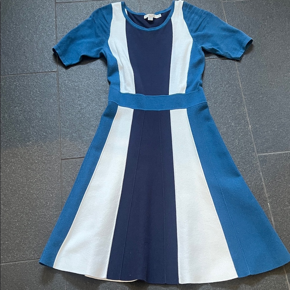 Boden Navy, White and Sky Blue Knit Midi A-Line Dress Size 6